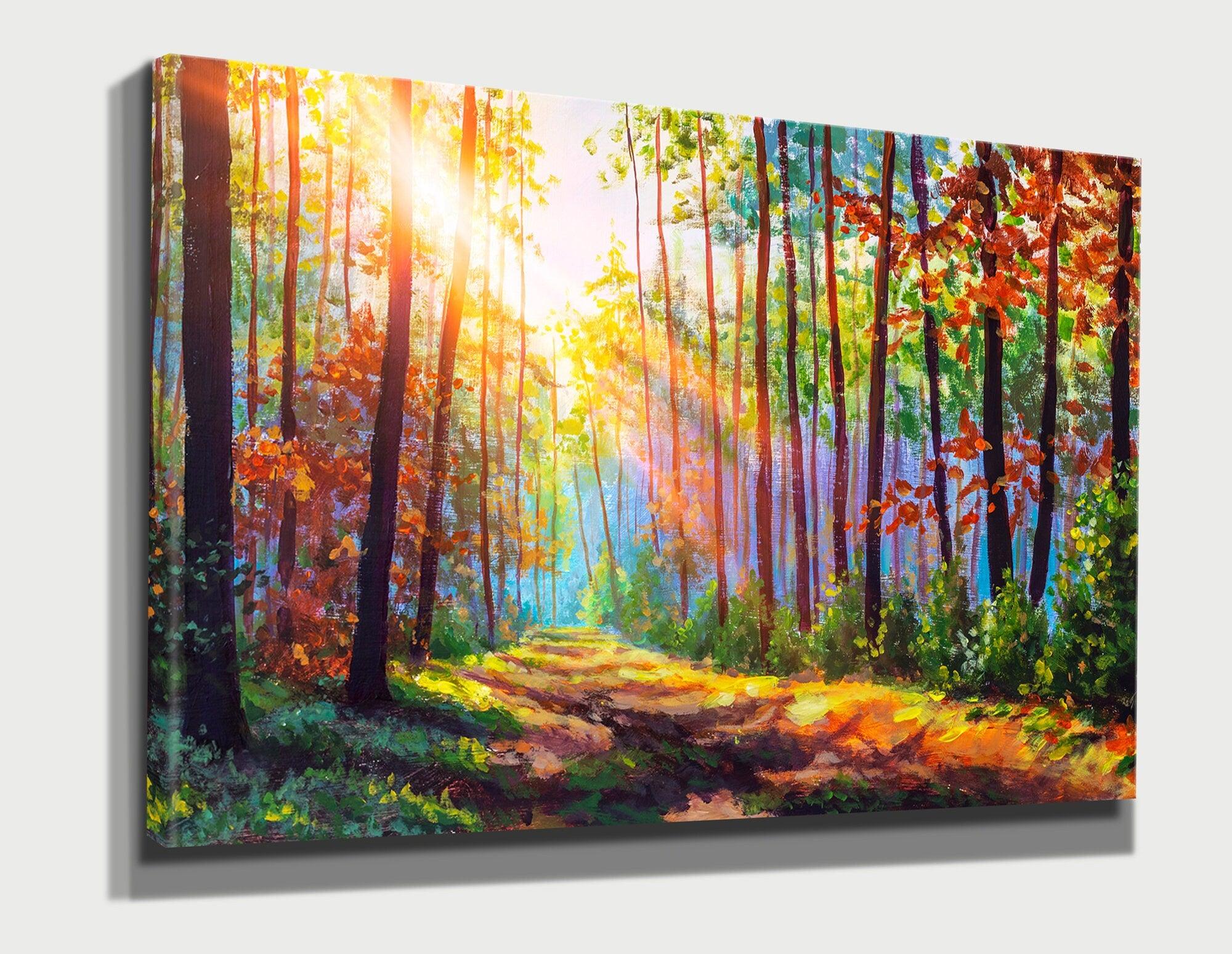 Path in Autumn Forest Trees Sunlight | 3 piece wall art canvas, landsc