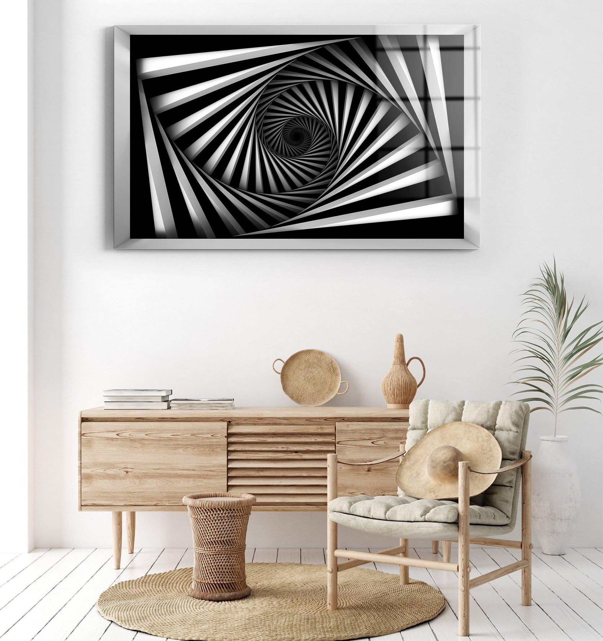 Psychedelic Vector glass wall art| black white wall art, Retro Wavy Lines, black white wall art, abstract background glass wall art - TrendiArt
