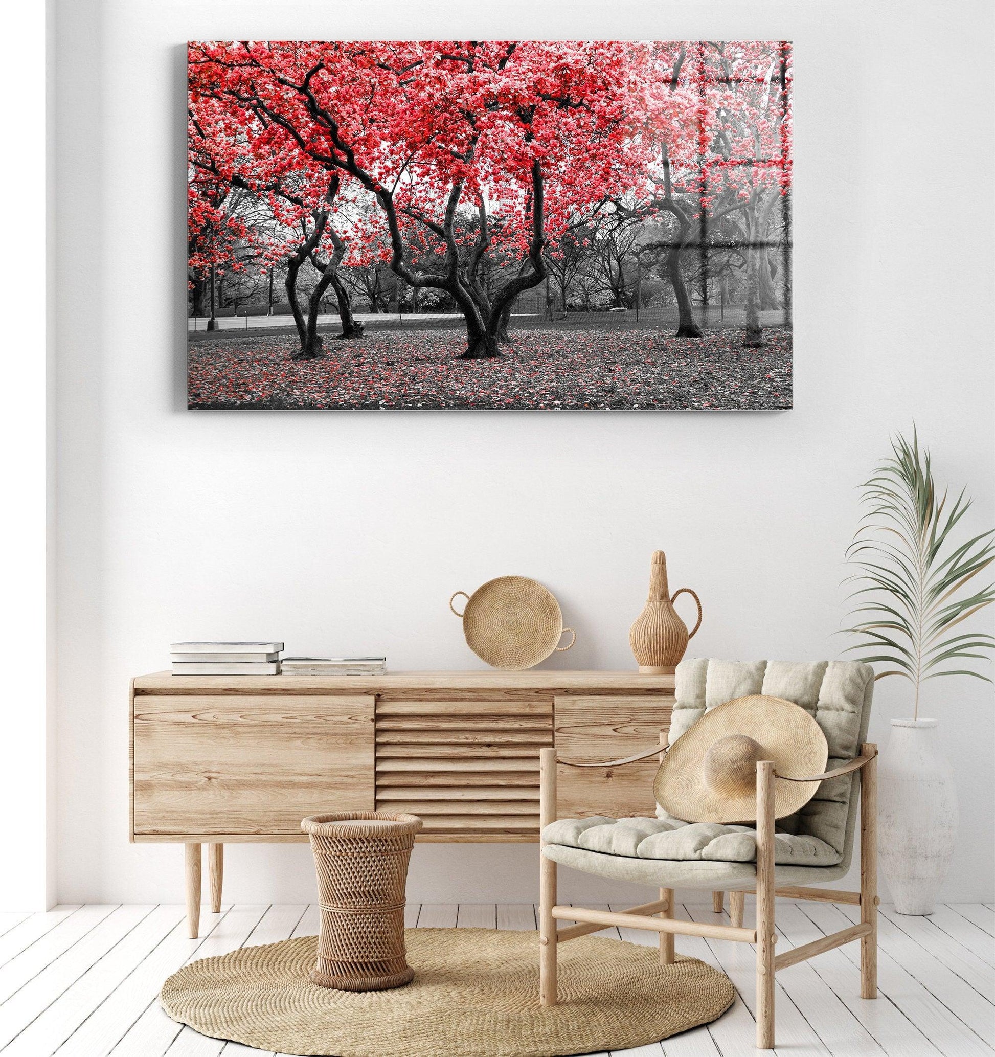 Red Leaves Forest Trees Mist| glass wall art, glass Nature Scenery for living room wall decor & interior design, forest painting on glass - TrendiArt