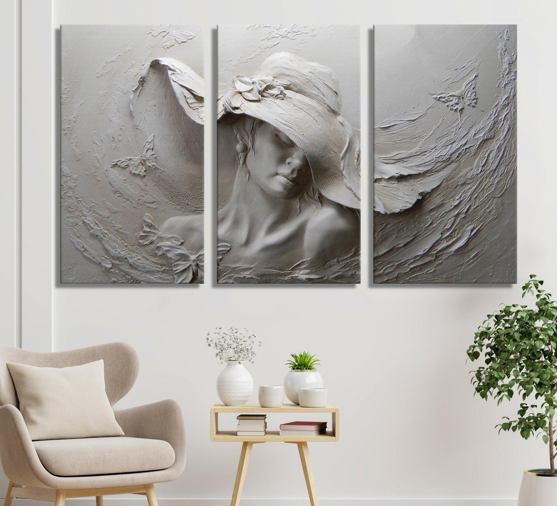 Sculpture Woman Canvas wall art |3D Effect Hat Girl Painting Women, woman Wall Art, Canvas print, Modern Home, personalized gifts for mom