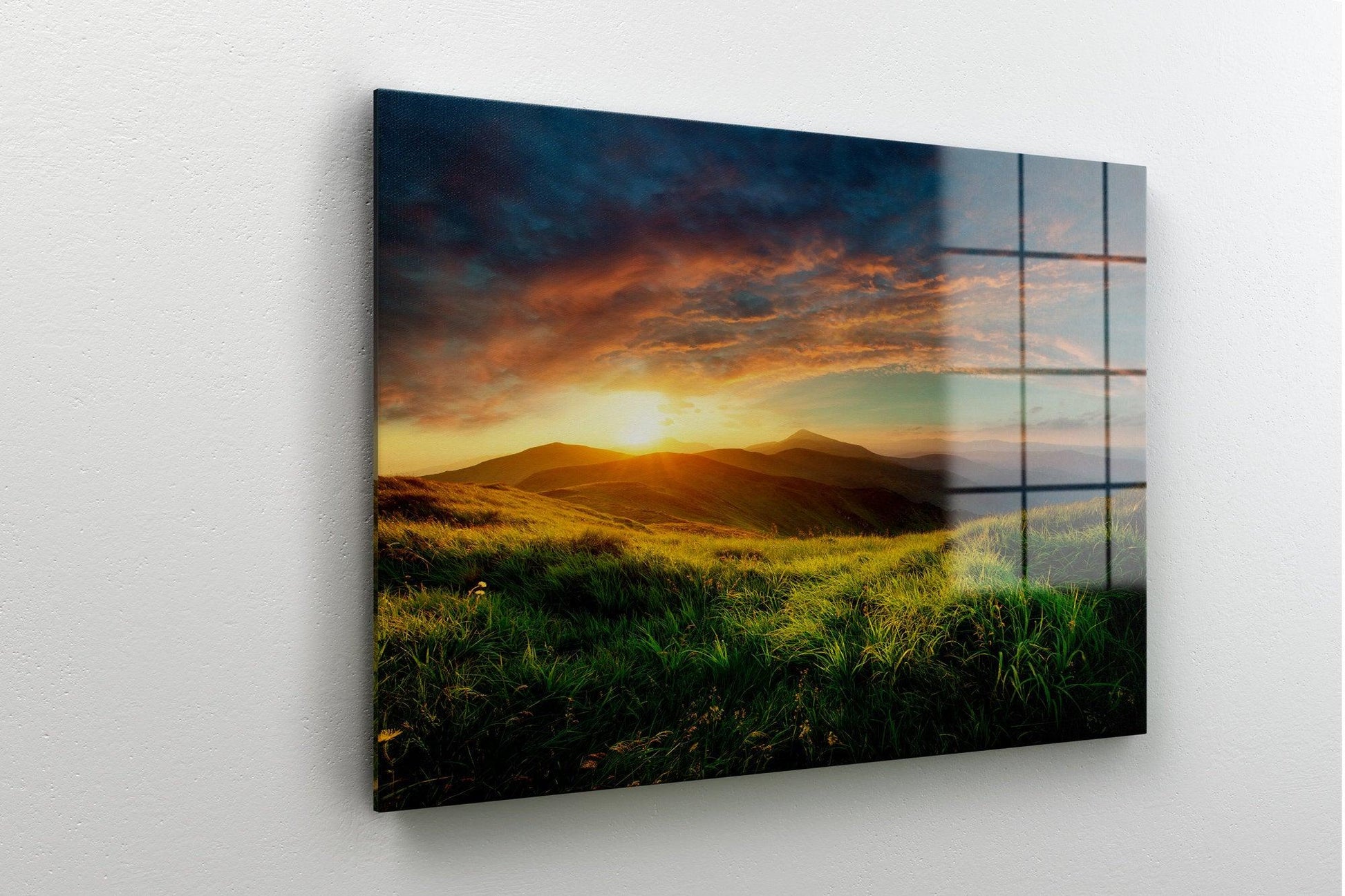 Sunrise in a Mountain glass Wall Art Design | - TrendiArt