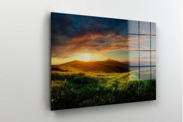 Sunrise in a Mountain glass Wall Art Design |