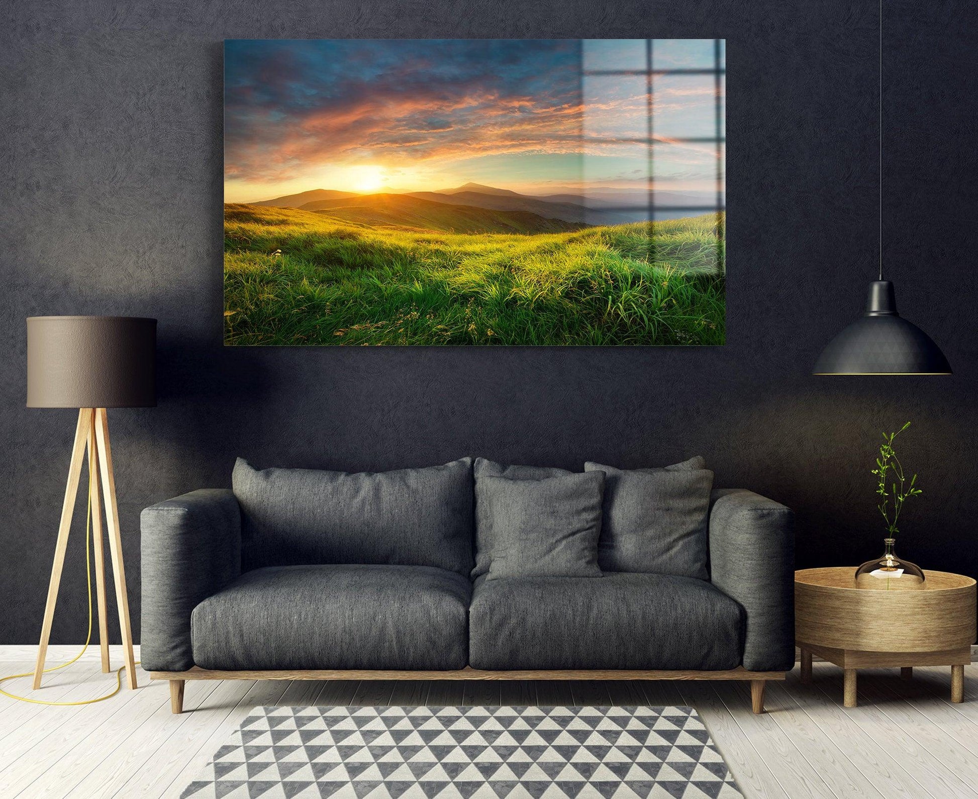 Sunrise in a Mountain glass Wall Art Design | - TrendiArt