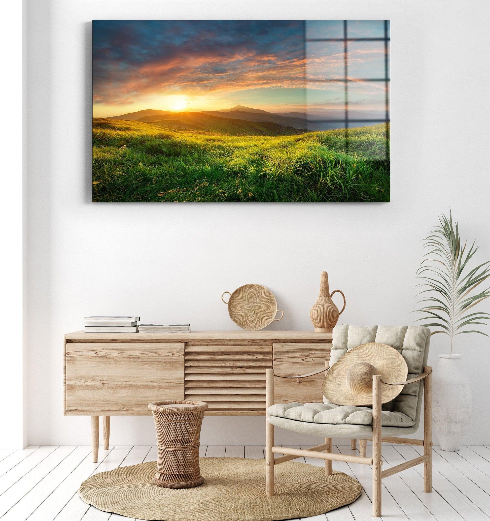 Sunrise in a Mountain glass Wall Art Design | - TrendiArt