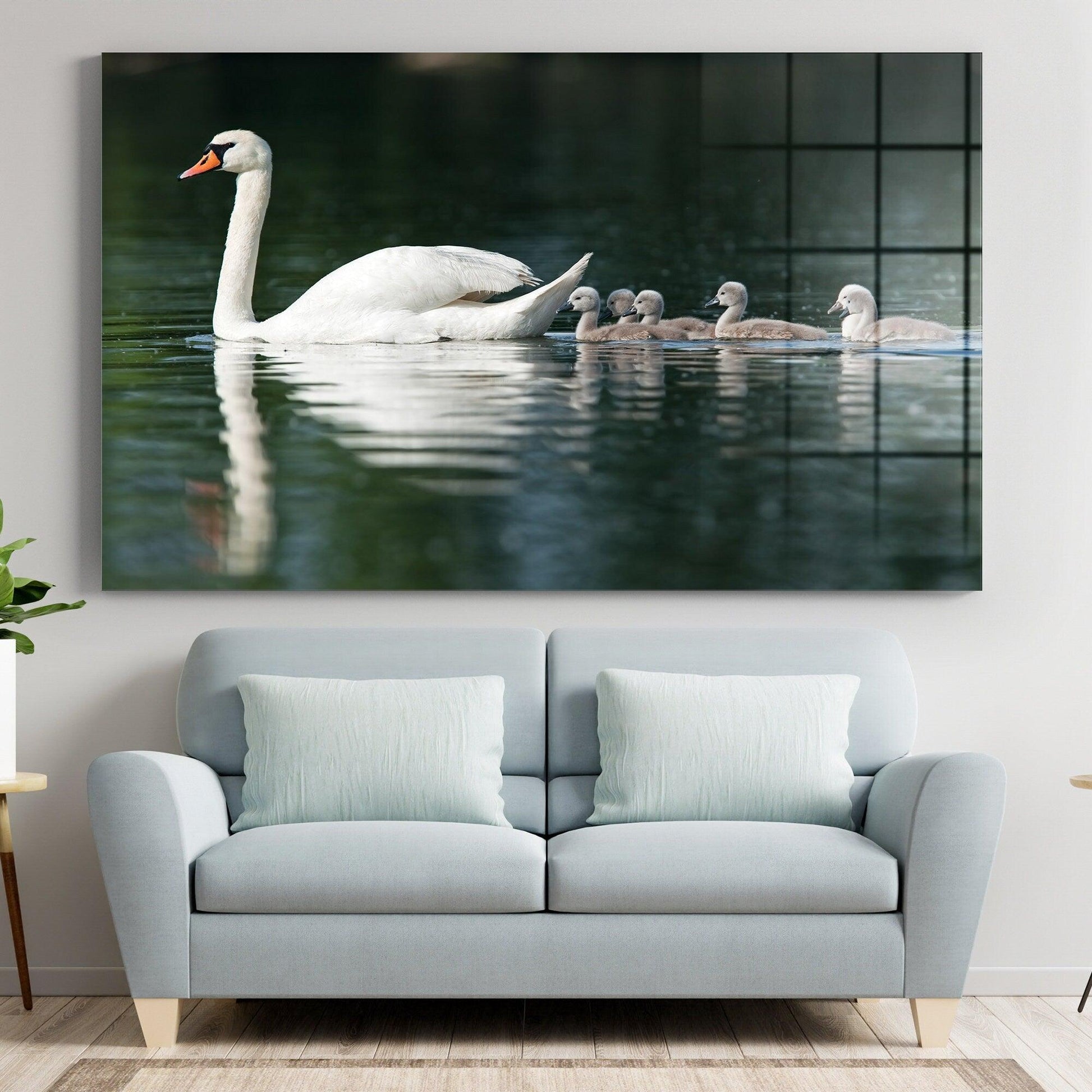 Swans on the Lake Print on glass| Floating Frame Option, family glass wall art, Swan Poster, Swan Print,  Swan canvas wall art, animal glass