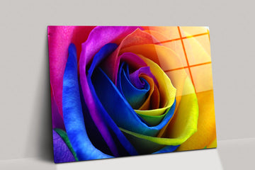 Vibrant Rainbow Roses glass Art Print| Colorful Rose canvas wall art, Artificial flower Closeup multi print for wall decor & interior design