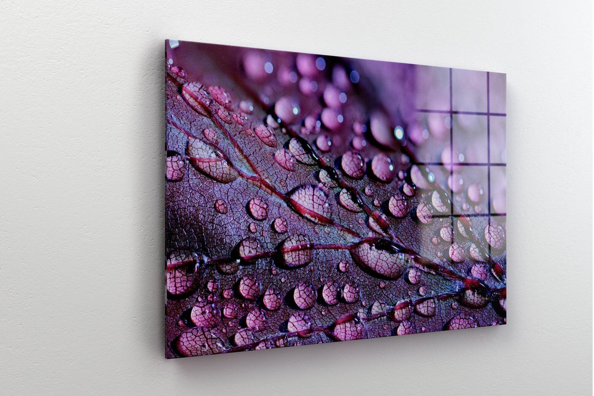 Water Drop glass painting wall art| Drop on purple Leaf Print on Canvas, Floating Frame Option, Modern Wall Art, Extra Large Wall Art, glass - TrendiArt