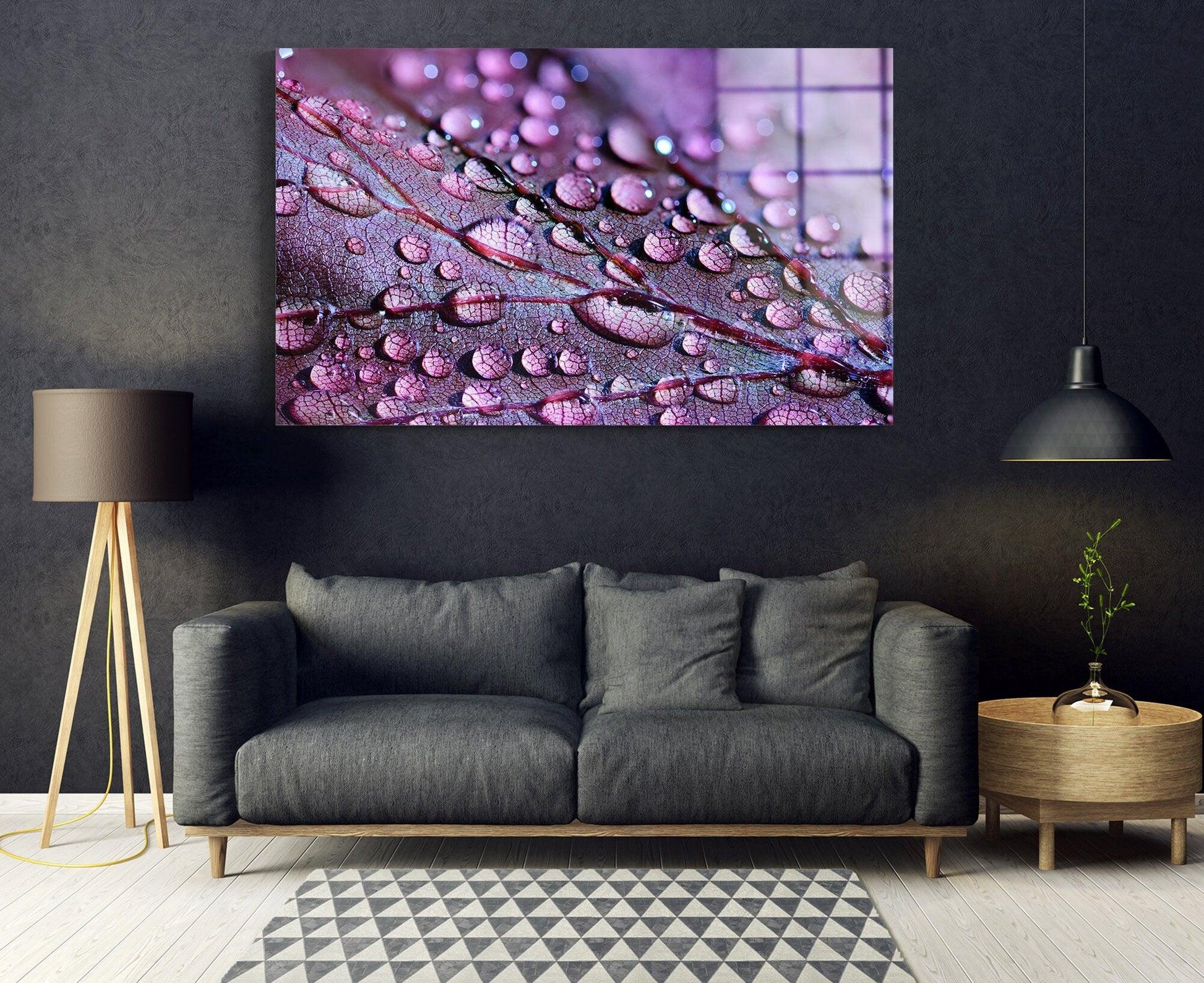 Water Drop glass painting wall art| Drop on purple Leaf Print on Canvas, Floating Frame Option, Modern Wall Art, Extra Large Wall Art, glass - TrendiArt