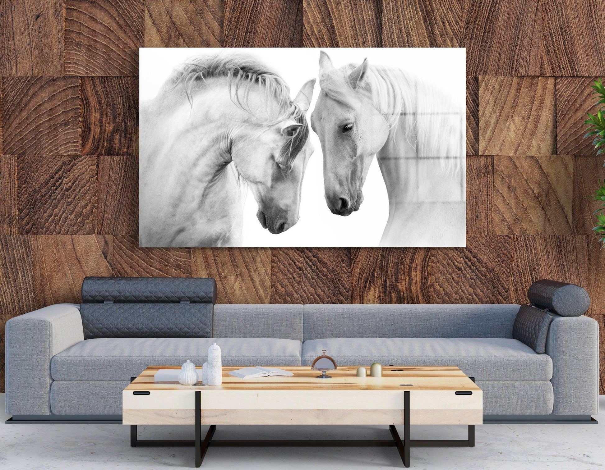 White Horses glass wall art | White Horses glass Print for Living Room, Horse Wall Decor, glass Horses Decoration, Animal wall art canvas