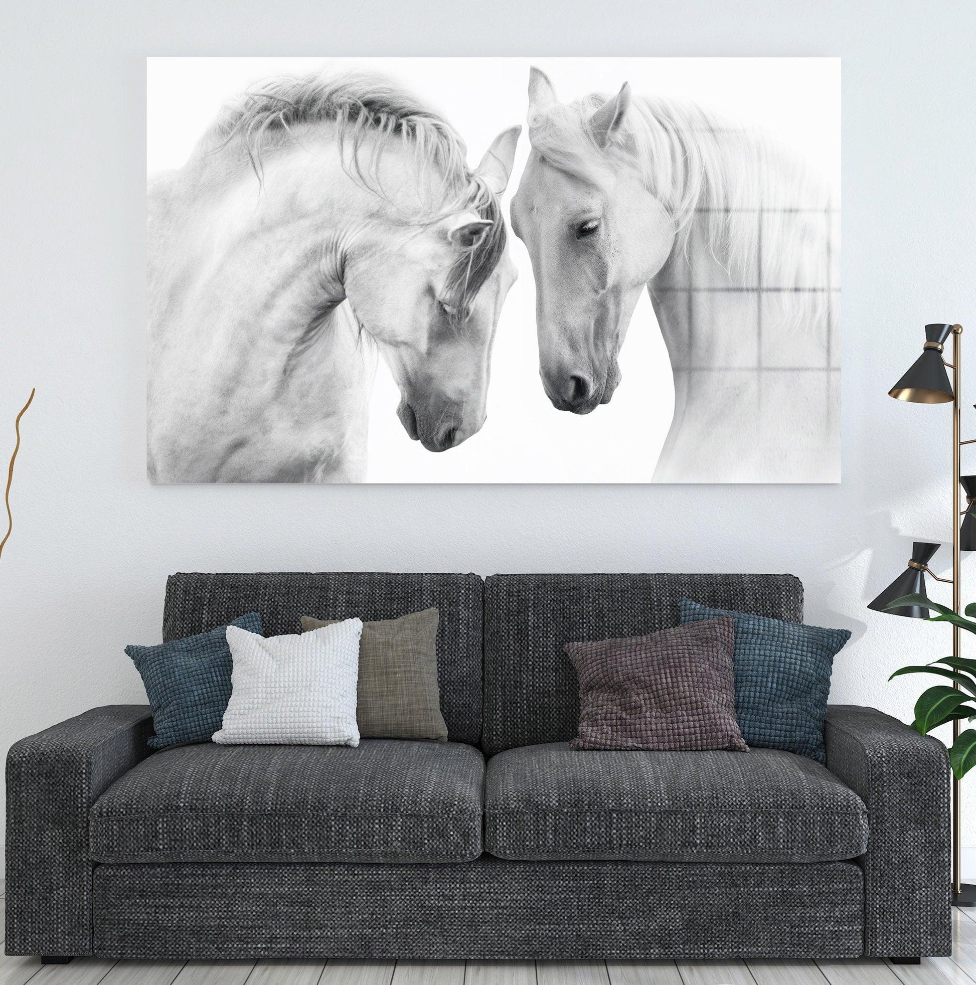 White Horses glass wall art | White Horses glass Print for Living Room, Horse Wall Decor, glass Horses Decoration, Animal wall art canvas