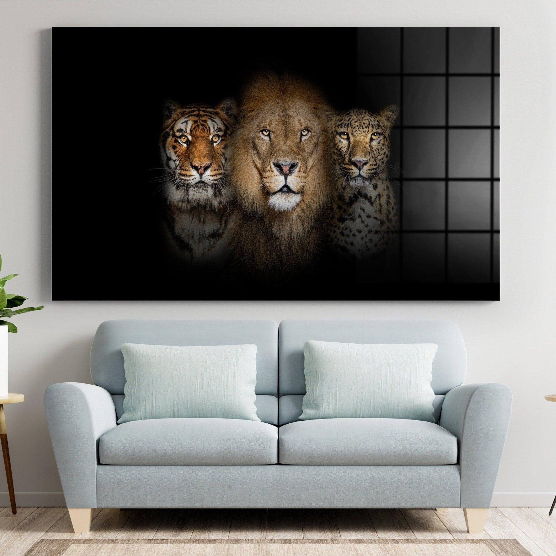 WILD CATS ART | Tempered Glass Printed Wall Art | Lion, Tiger, Leopard Wall Decor | Wall Décor Art | Wildlife Wall Art | Office Decorations