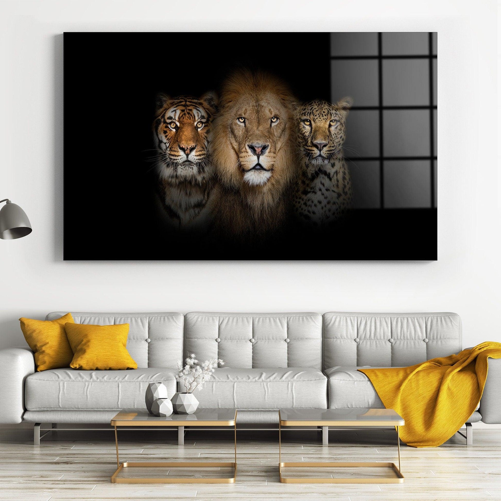 WILD CATS ART | Tempered Glass Printed Wall Art | Lion, Tiger, Leopard Wall Decor | Wall Décor Art | Wildlife Wall Art | Office Decorations