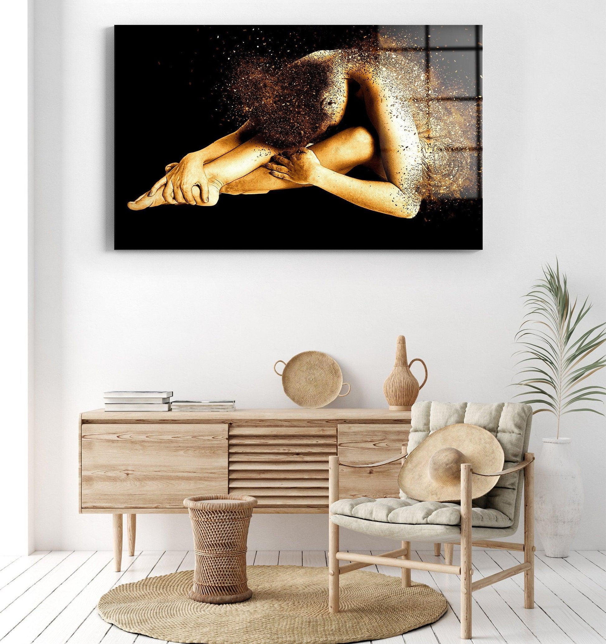 woman gold glitter glass painting| ethnic painting wall art, black woman painting, african woman wall art, gold and black canvas painting - TrendiArt