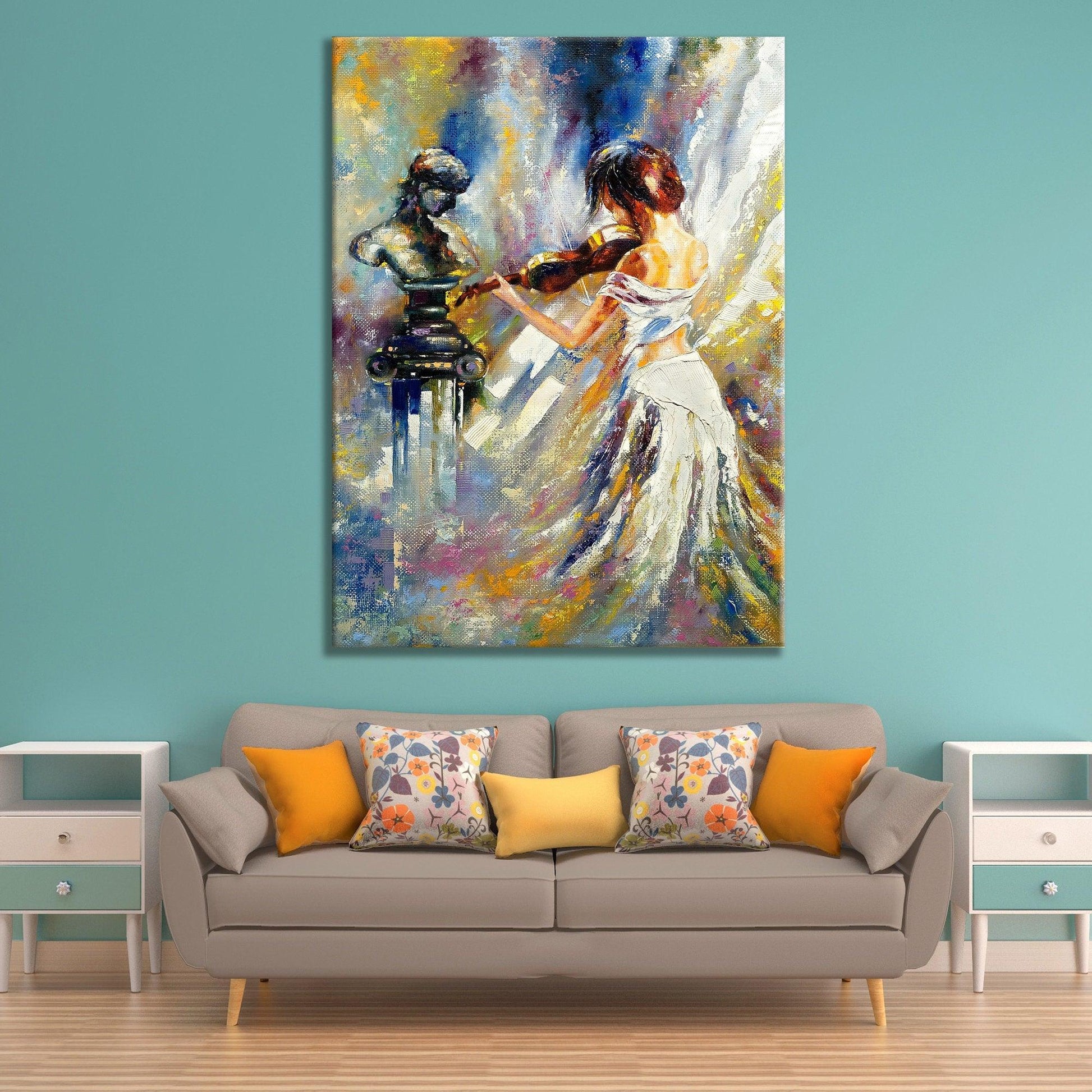woman playing guitar canvas painting , abstract human portrait, musical instrument home decor , guitar drawing canvas print, music wall art - TrendiArt