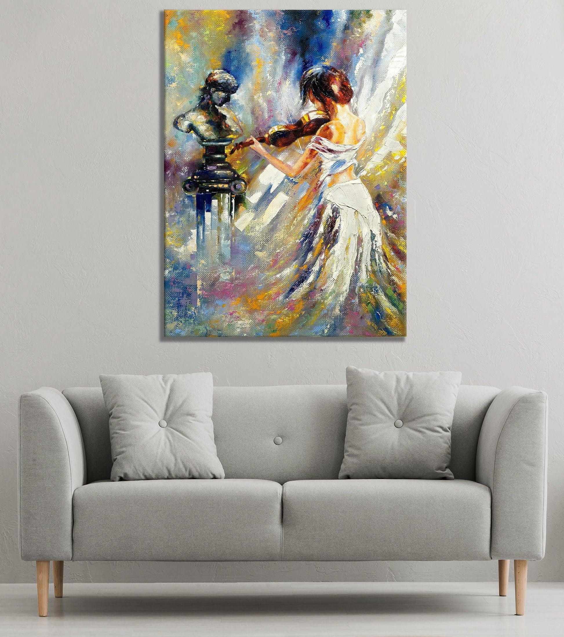woman playing guitar canvas painting , abstract human portrait, musical instrument home decor , guitar drawing canvas print, music wall art - TrendiArt